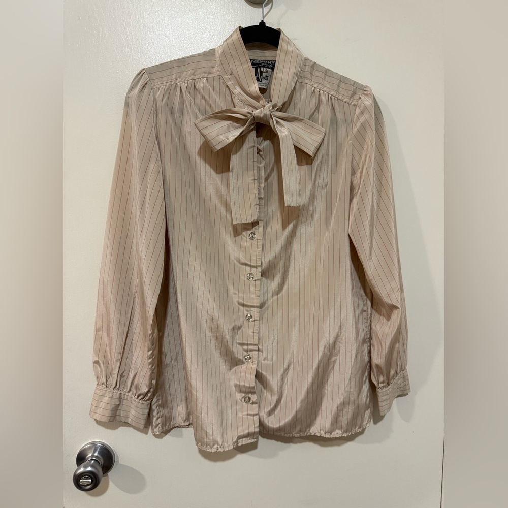 Vintage Givenchy Women's Front Bow Tie Beige Cream Red Stripped Blouse Size 10